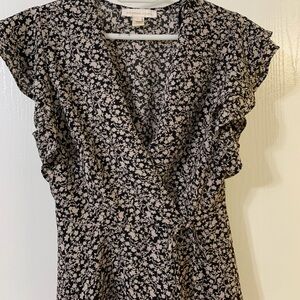 Black and Cream Floral Wrap Blouse